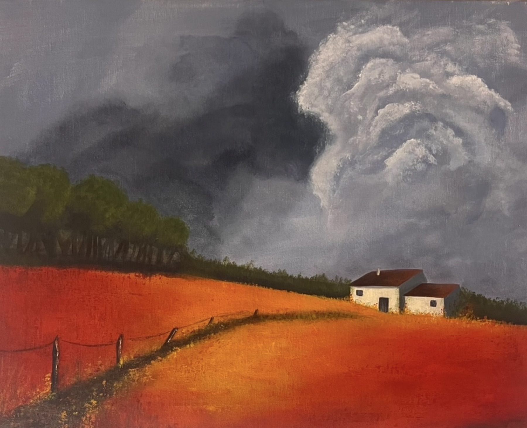 Rote und orange Landschaft unter dramatischem Himmel